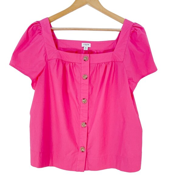 J. Crew Tops - J Crew Fuchsia Pink Square-neck Button-front Top Stretch Cotton Poplin Size XL